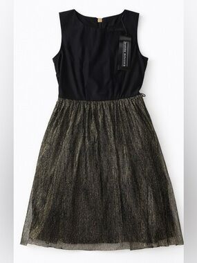 NWT Karin Stevens Black Gold Pleated Dress Sleeveless Party Cocktail Size M